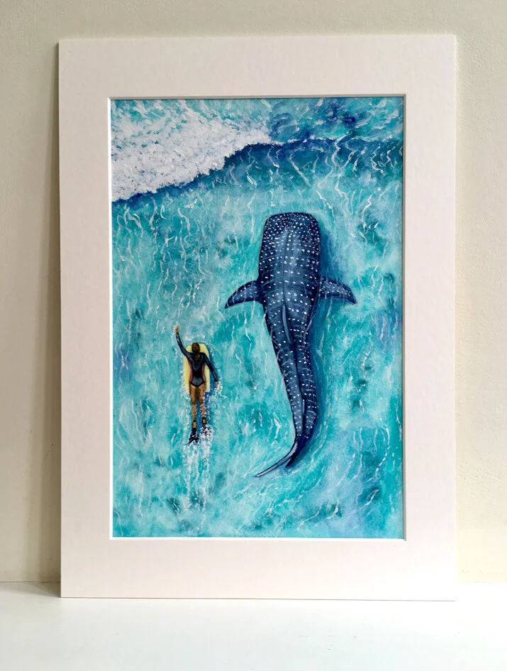 絵画 showatanabe whale love & surfer Sharing the Surf, Whale Shark, Watercolour Painting — Joy Clifton